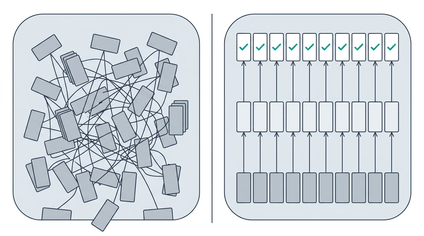 Illustration: on the left, a tangle of unlabelled boxes joined by crossing lines; on the right, the same boxes in tidy columns, each rising through three stages to a ticked box at the top.