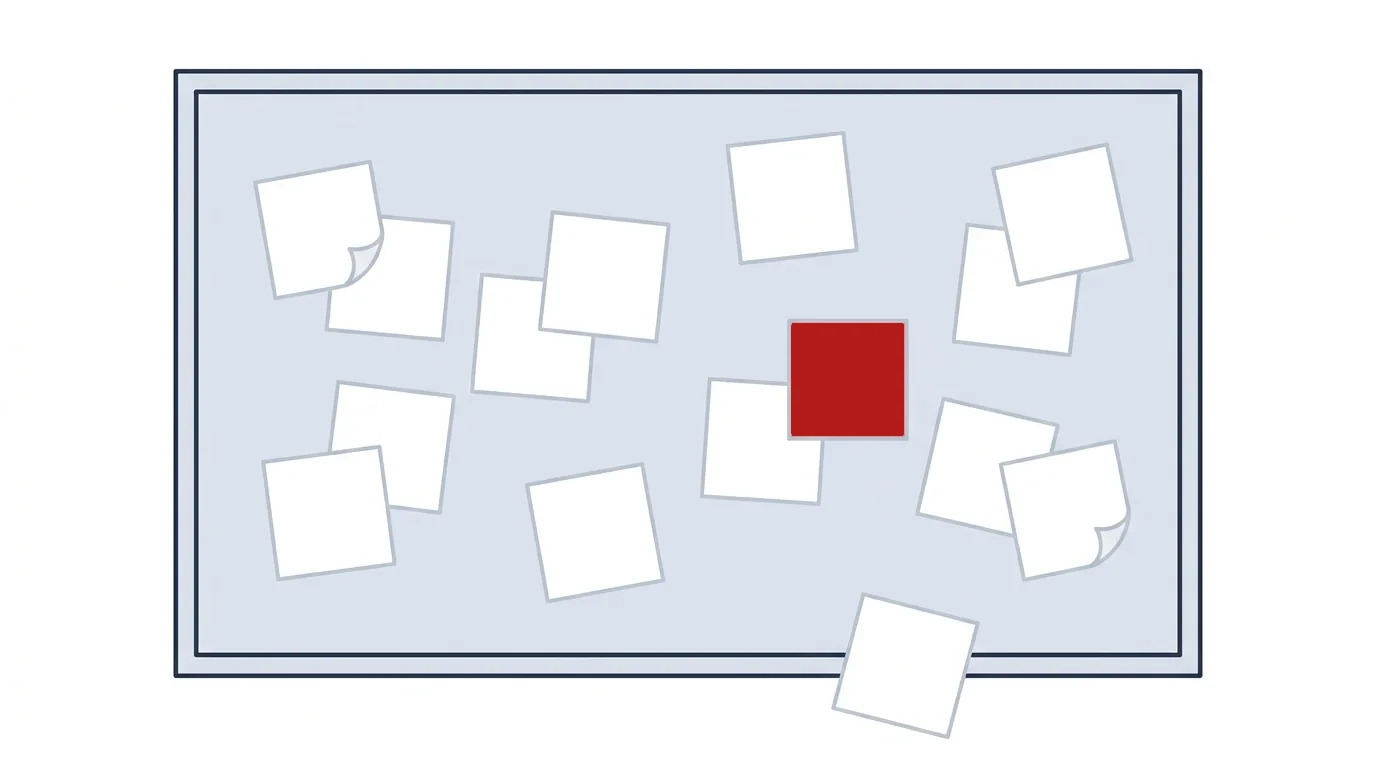 Illustration: a noticeboard covered in blank notes, with one red note in the middle.