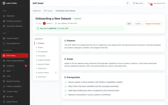 The procedure Onboarding a New Dataset, approved at version 2.1 by a named person on a date, with a contents list of purpose, scope, prerequisites, procedure, quality checklist, approval status, references, version history and comments.